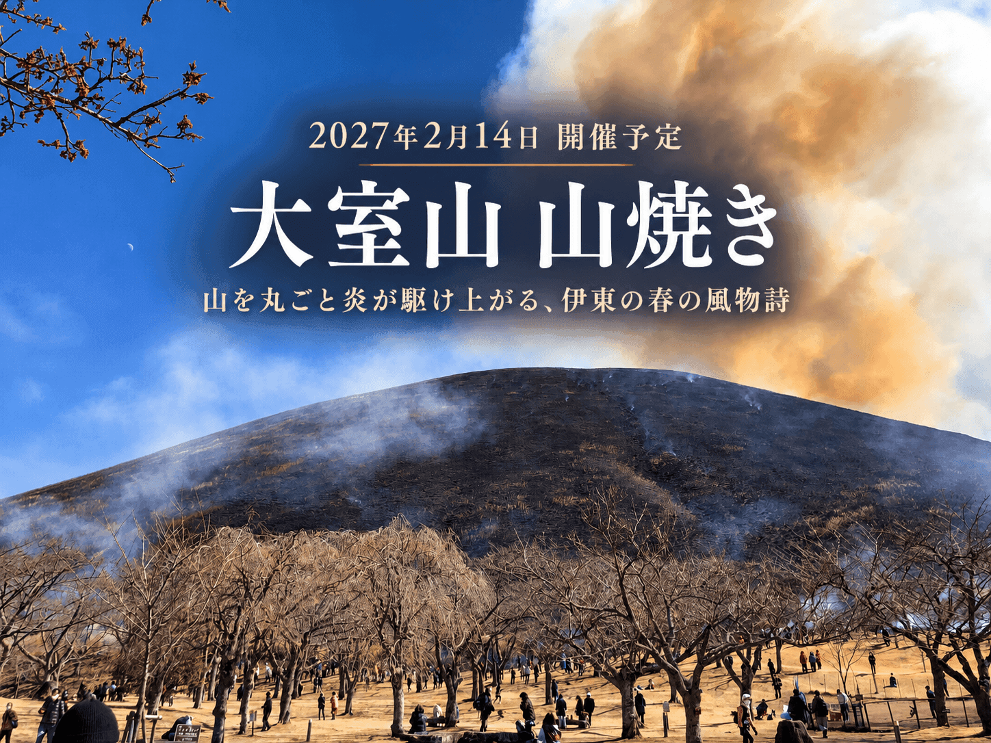 大室山 山焼き|山を丸ごと炎が駆け上がる、伊東の春の風物詩